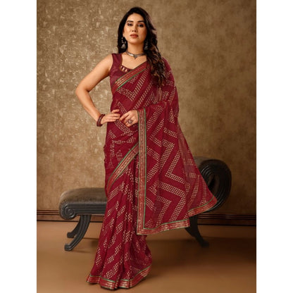 Women's Zomto Zig Zag Saree With Unstitched Blouse (Maroon, 5-6 Mtrs)