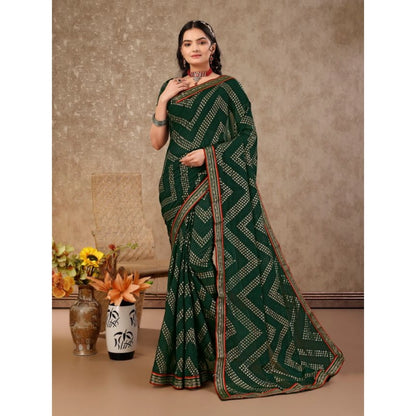 Women's Zomto Zig Zag Saree With Unstitched Blouse (Green, 5-6 Mtrs)