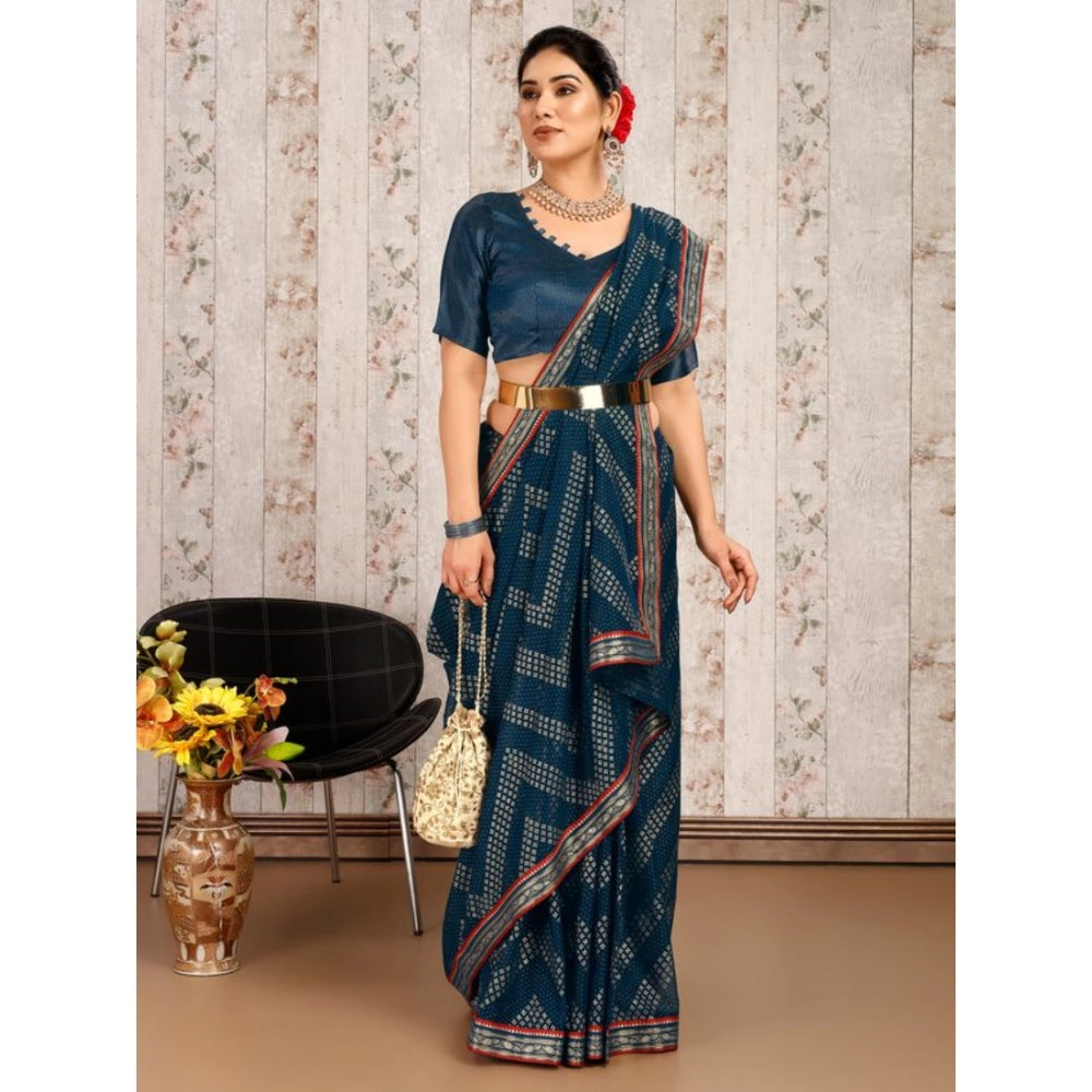 Women's Zomto Zig Zag Saree With Unstitched Blouse (Blue, 5-6 Mtrs)