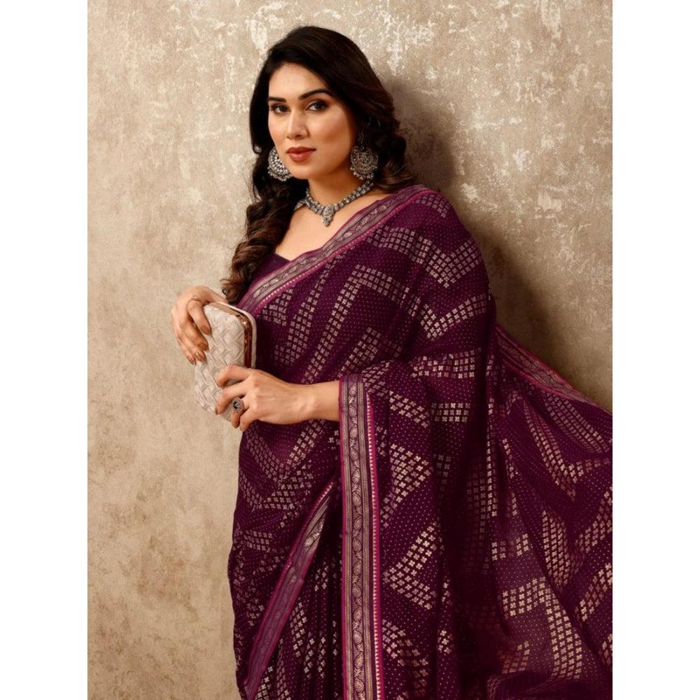 Women's Zomto Zig Zag Saree With Unstitched Blouse (Wine, 5-6 Mtrs)