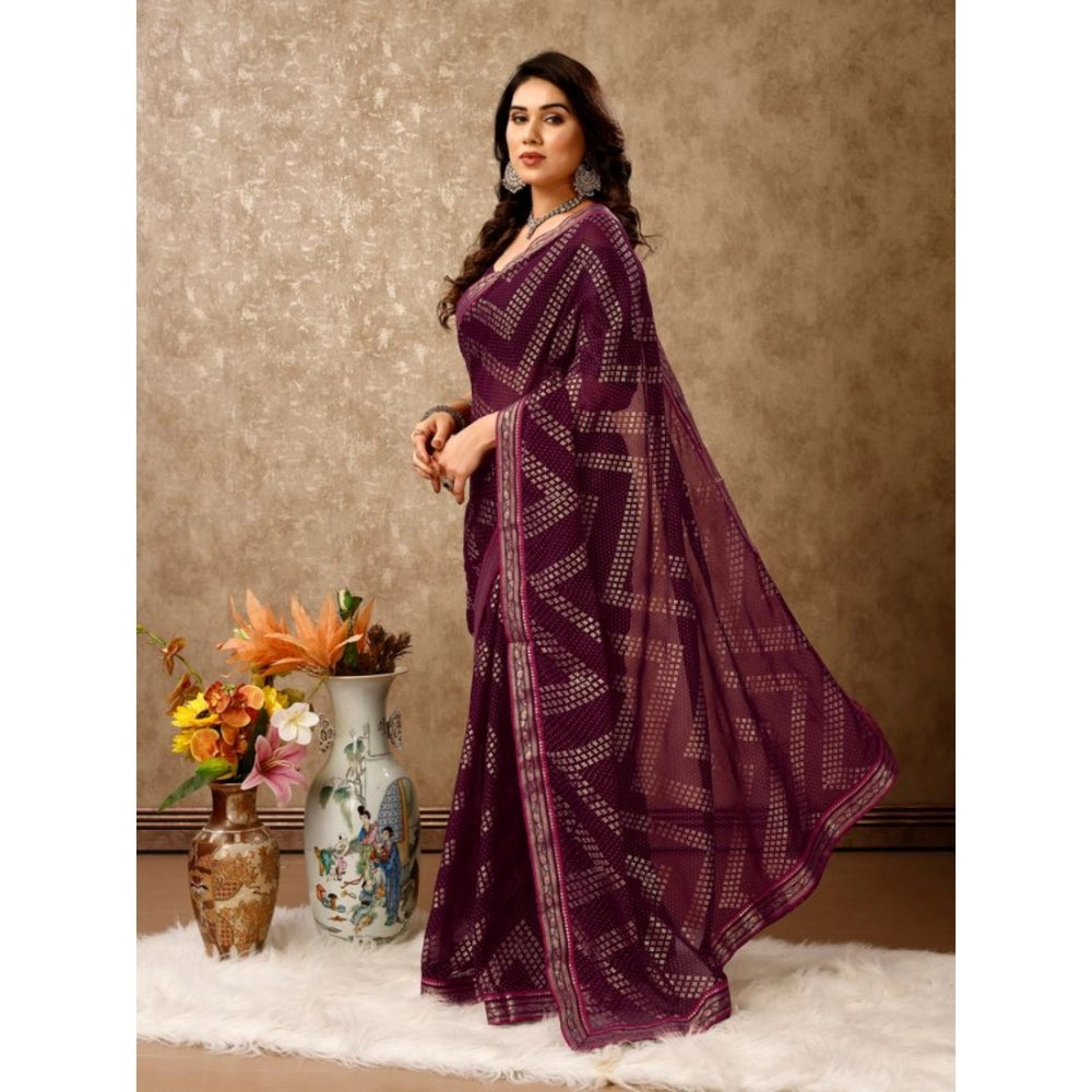 Women's Zomto Zig Zag Saree With Unstitched Blouse (Wine, 5-6 Mtrs)