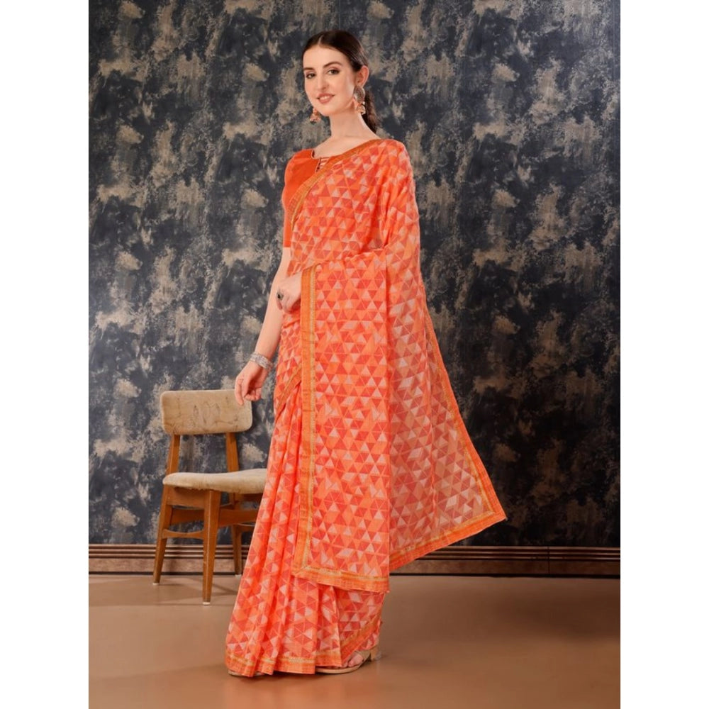 Women's Zomto Printed Saree With Unstitched Blouse (Peach, 5-6 Mtrs)