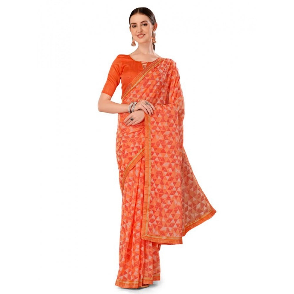 Women's Zomto Printed Saree With Unstitched Blouse (Peach, 5-6 Mtrs)