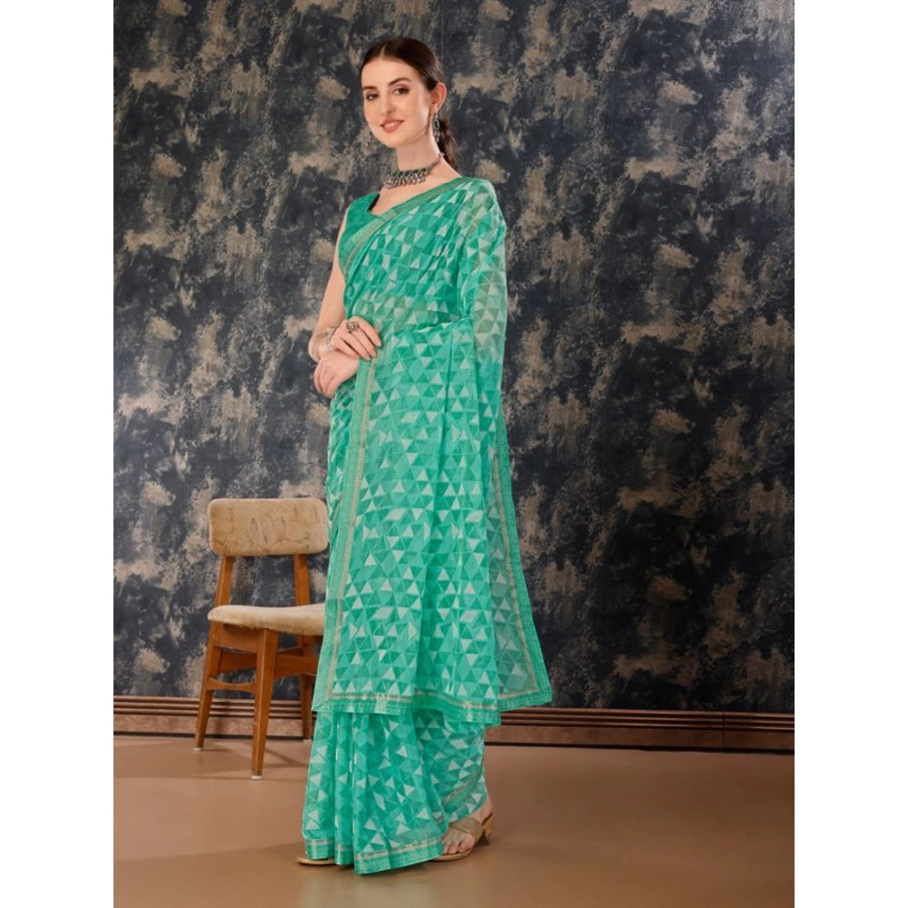 Women's Zomto Printed Saree With Unstitched Blouse (Turquies Green, 5-6 Mtrs)