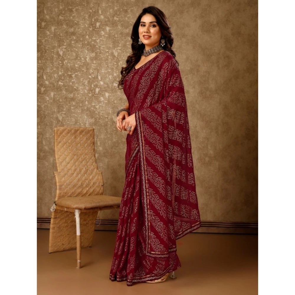 Women's Zomto Bandhini Saree With Unstitched Blouse (Maroon, 5-6 Mtrs)