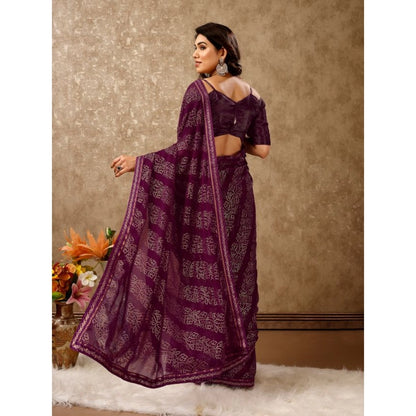 Women's Zomto Bandhini Saree With Unstitched Blouse (Wine, 5-6 Mtrs)