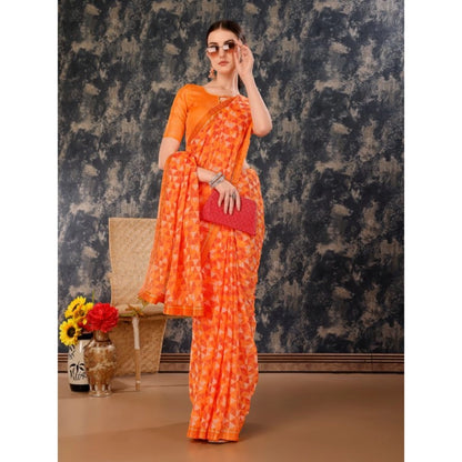 Women's Zomto Printed Saree With Unstitched Blouse (Dark Orange, 5-6 Mtrs)