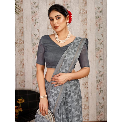 Women's Zomto Printed Saree With Unstitched Blouse (Grey, 5-6 Mtrs)