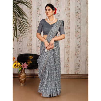 Women's Zomto Printed Saree With Unstitched Blouse (Grey, 5-6 Mtrs)