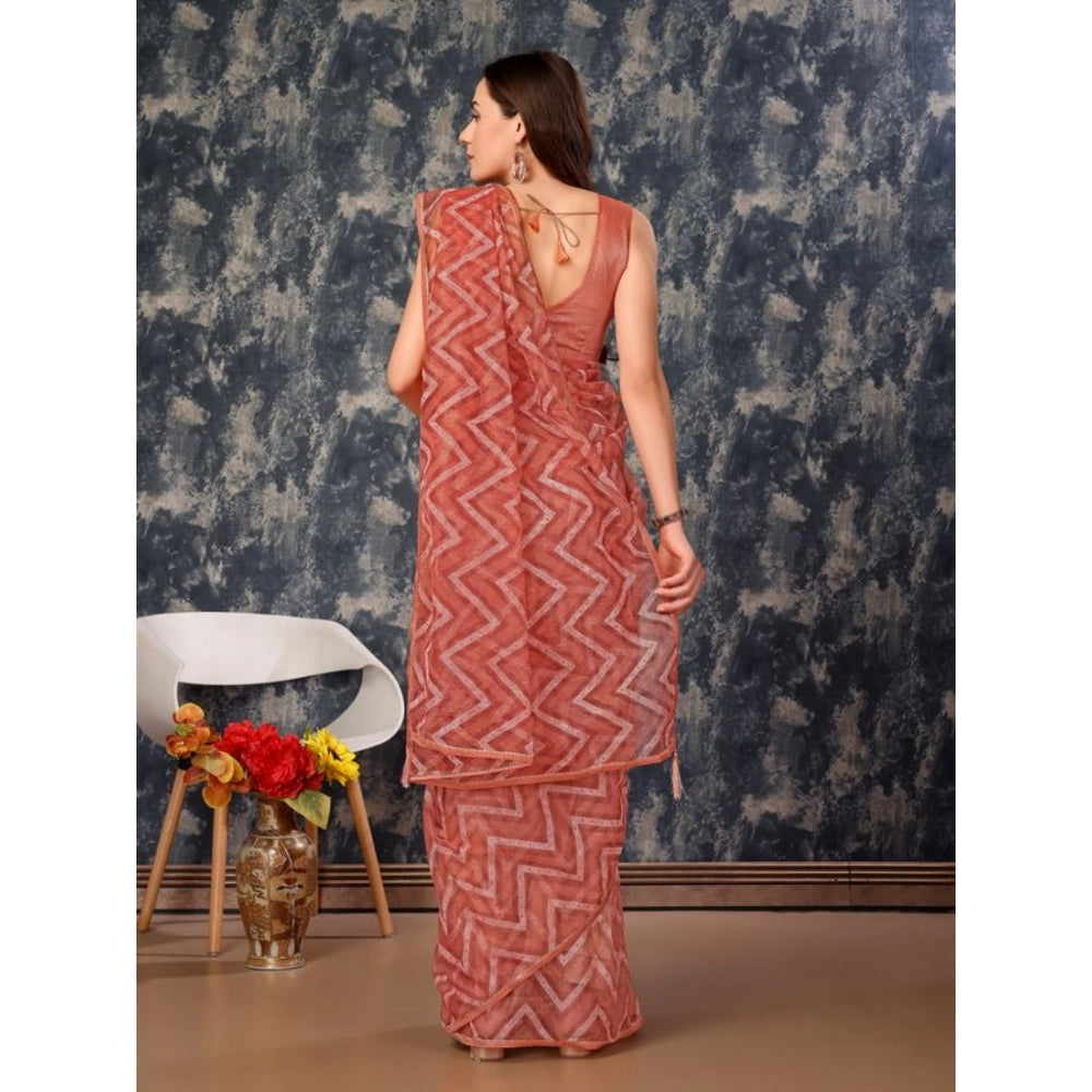 Women's Linen Zig Zag Saree With Unstitched Blouse (Peach, 5-6 Mtrs)