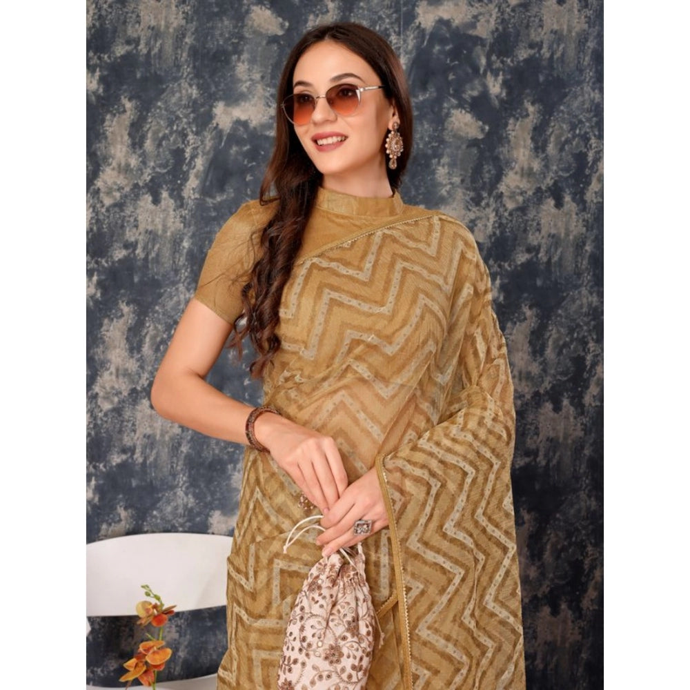 Women's Linen Zig Zag Saree With Unstitched Blouse (Beige, 5-6 Mtrs)