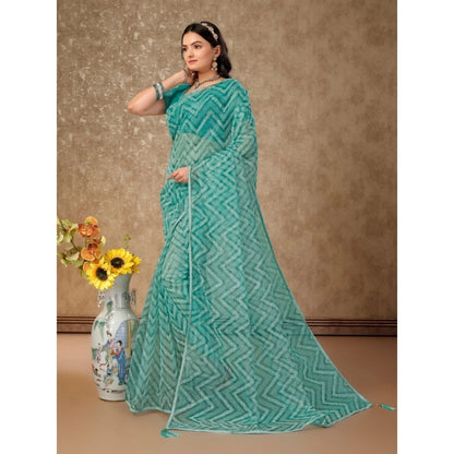 Women's Linen Zig Zag Saree With Unstitched Blouse (Turquies Green, 5-6 Mtrs)