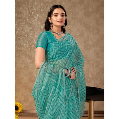 Women's Linen Zig Zag Saree With Unstitched Blouse (Turquies Green, 5-6 Mtrs)