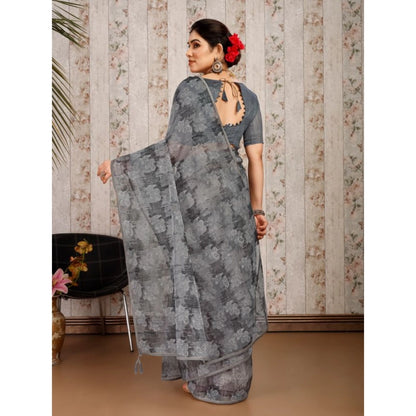 Women's Linen Floral Printed Saree With Unstitched Blouse (Grey, 5-6 Mtrs)