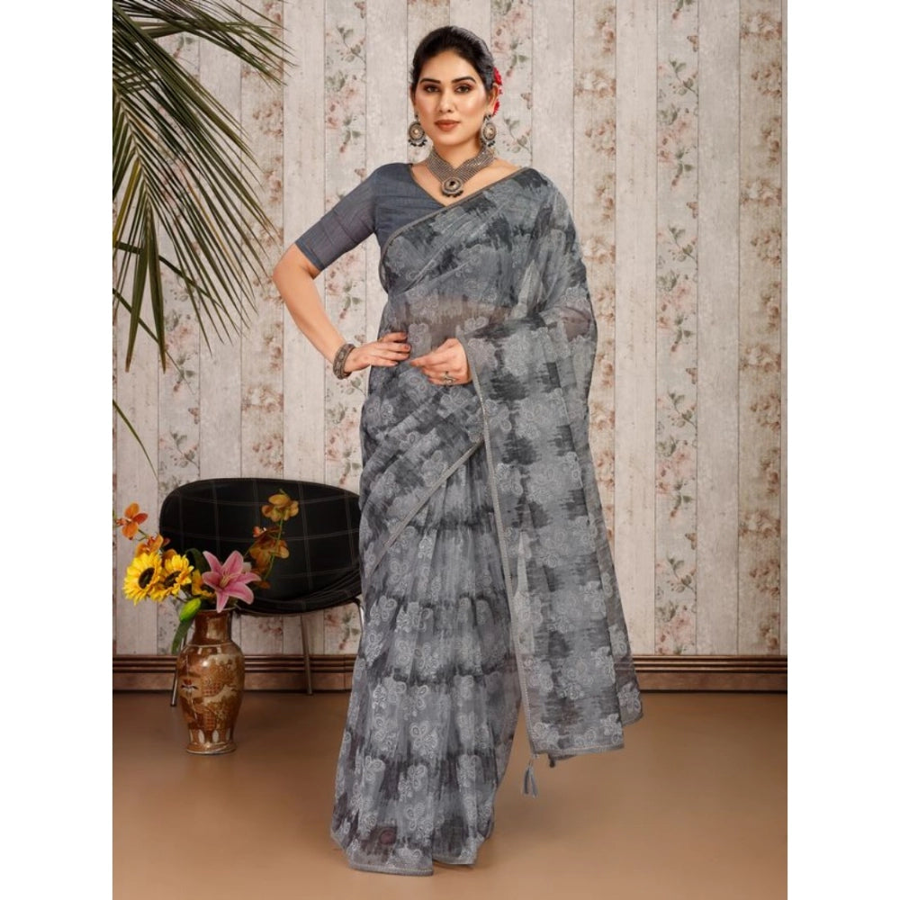 Women's Linen Floral Printed Saree With Unstitched Blouse (Grey, 5-6 Mtrs)