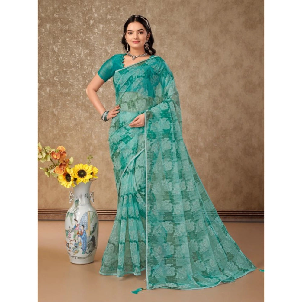 Women's Linen Floral Printed Saree With Unstitched Blouse (Turquies Green, 5-6 Mtrs)