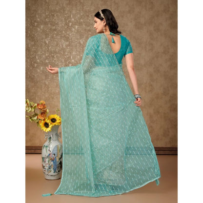 Women's Linen Line Saree With Unstitched Blouse (Turquies Green, 5-6 Mtrs)