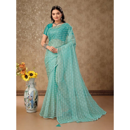 Women's Linen Line Saree With Unstitched Blouse (Turquies Green, 5-6 Mtrs)