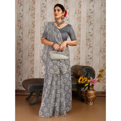 Women's Linen Gola Printed Saree With Unstitched Blouse (Grey, 5-6 Mtrs)