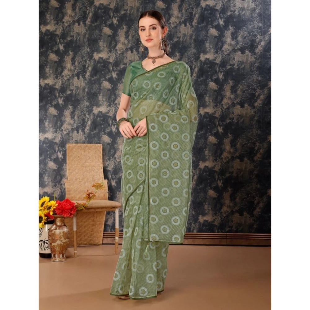 Women's Linen Gola Printed Saree With Unstitched Blouse (Green, 5-6 Mtrs)