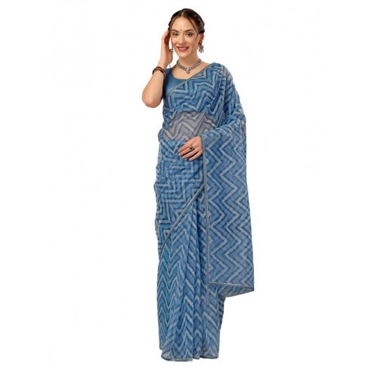 Women's Linen Zig Zag Saree With Unstitched Blouse (Blue, 5-6 Mtrs)