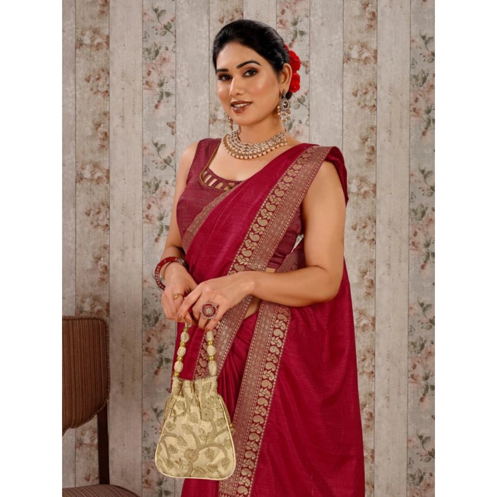 Women's Vichitra Plain Saree With Unstitched Blouse (Maroon, 5-6 Mtrs)