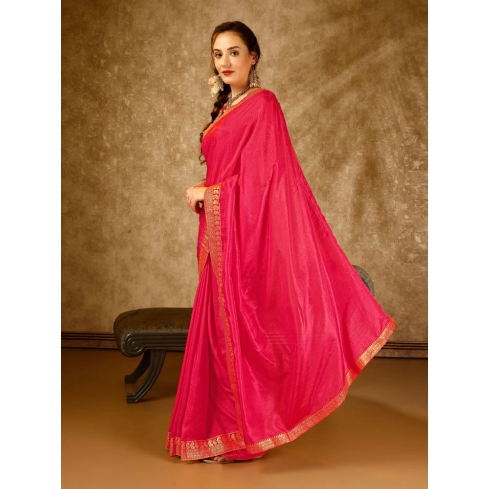 Women's Vichitra Plain Saree With Unstitched Blouse (Pink, 5-6 Mtrs)