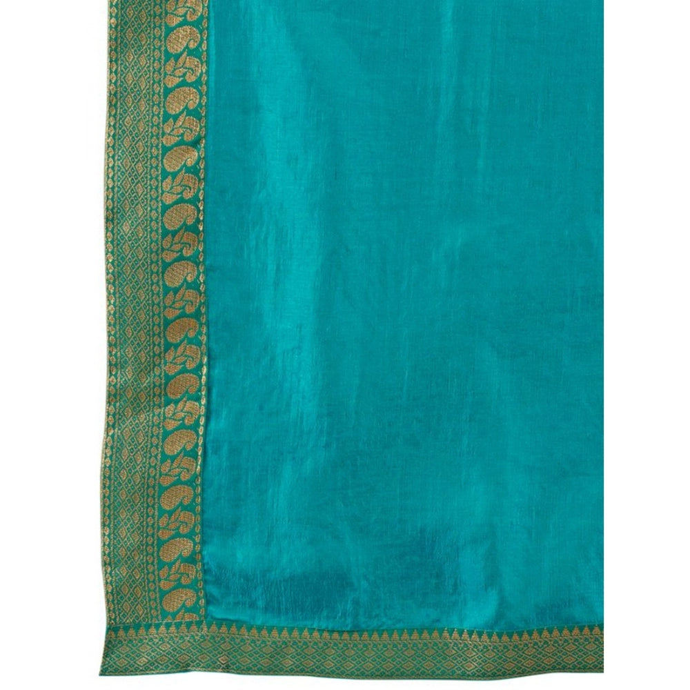 Women's Vichitra Plain Saree With Unstitched Blouse (Teal Blue, 5-6 Mtrs)