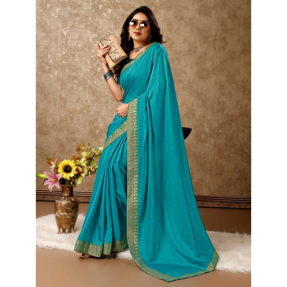 Women's Vichitra Plain Saree With Unstitched Blouse (Teal Blue, 5-6 Mtrs)