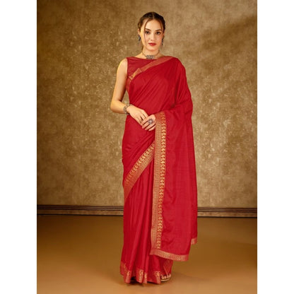 Women's Vichitra Plain Saree With Unstitched Blouse (Red, 5-6 Mtrs)