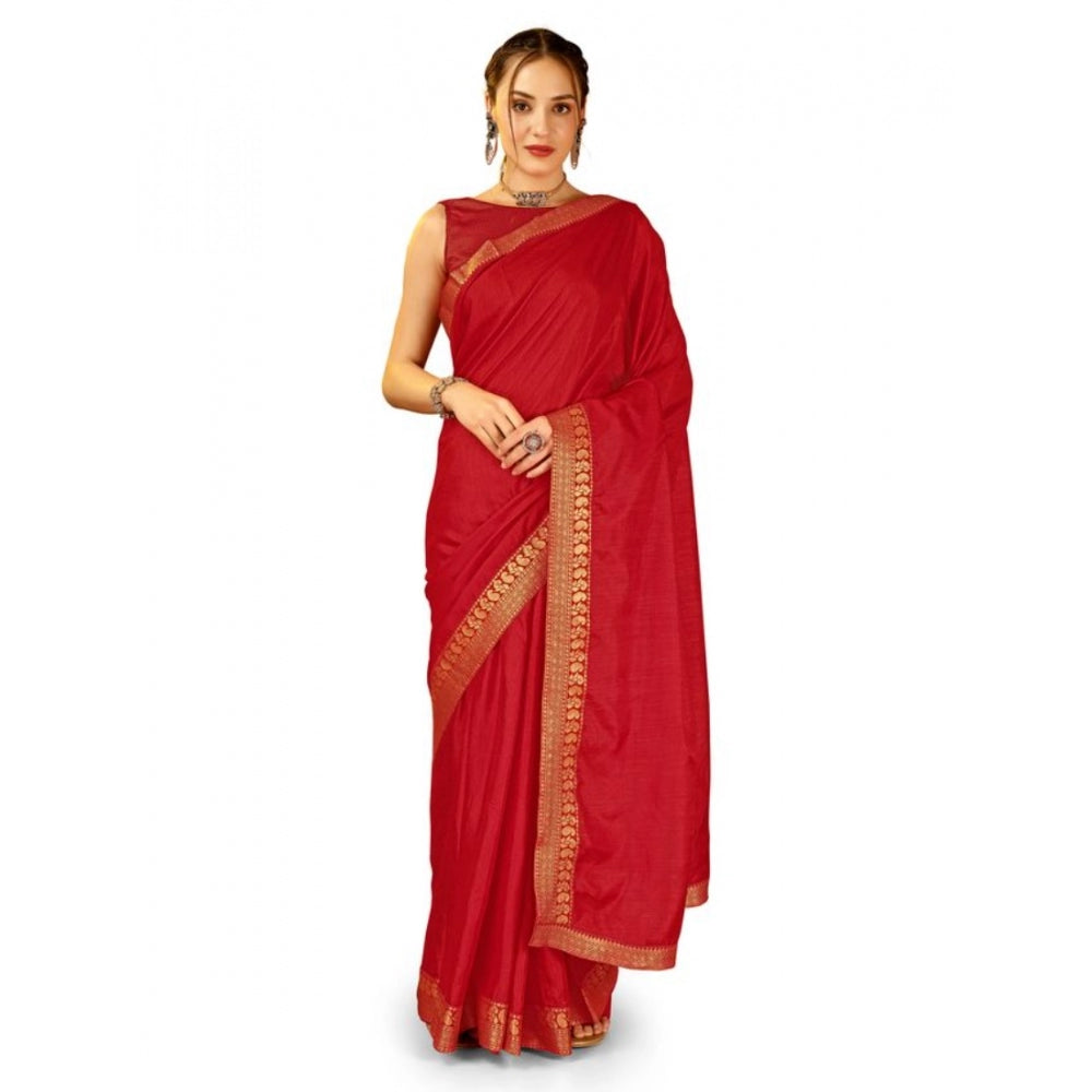 Women's Vichitra Plain Saree With Unstitched Blouse (Red, 5-6 Mtrs)