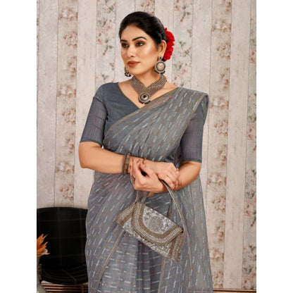 Women's Linen Line Saree With Unstitched Blouse (Grey, 5-6 Mtrs)