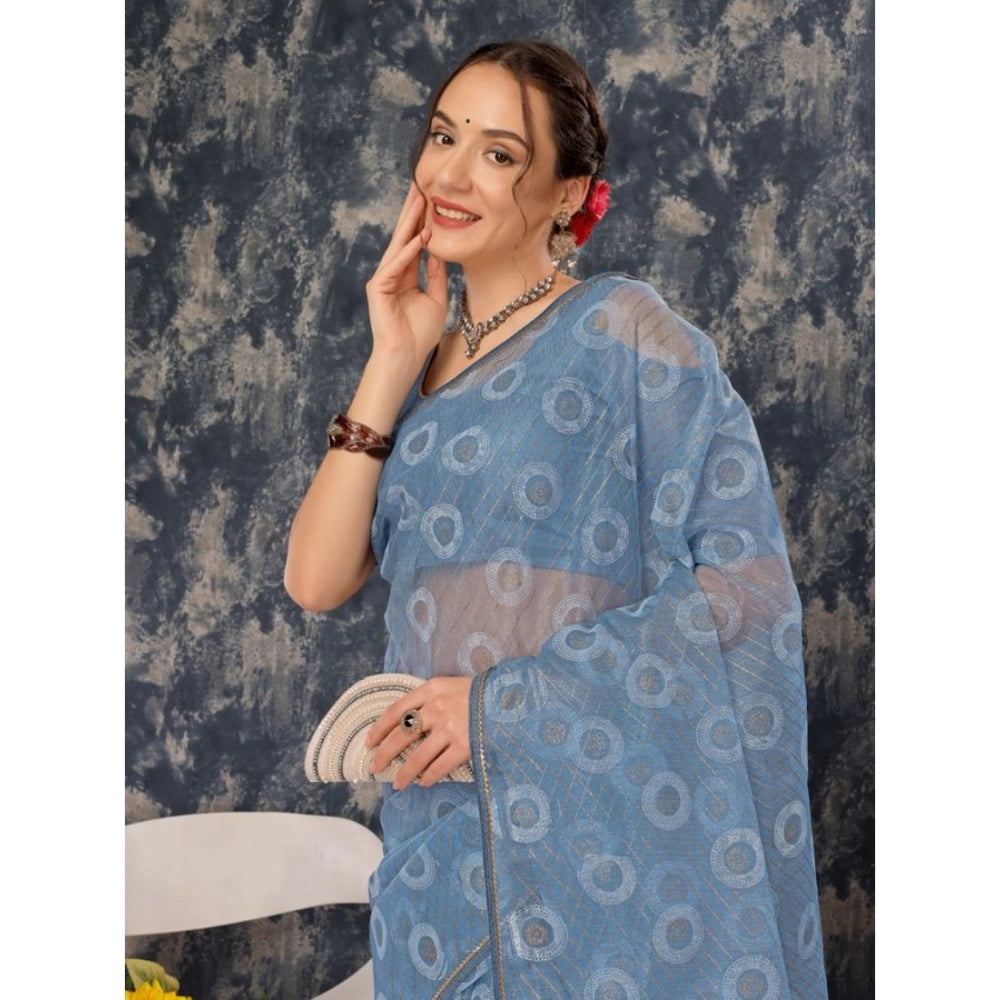 Women's Linen Line Saree With Unstitched Blouse (Sky Blue, 5-6 Mtrs)