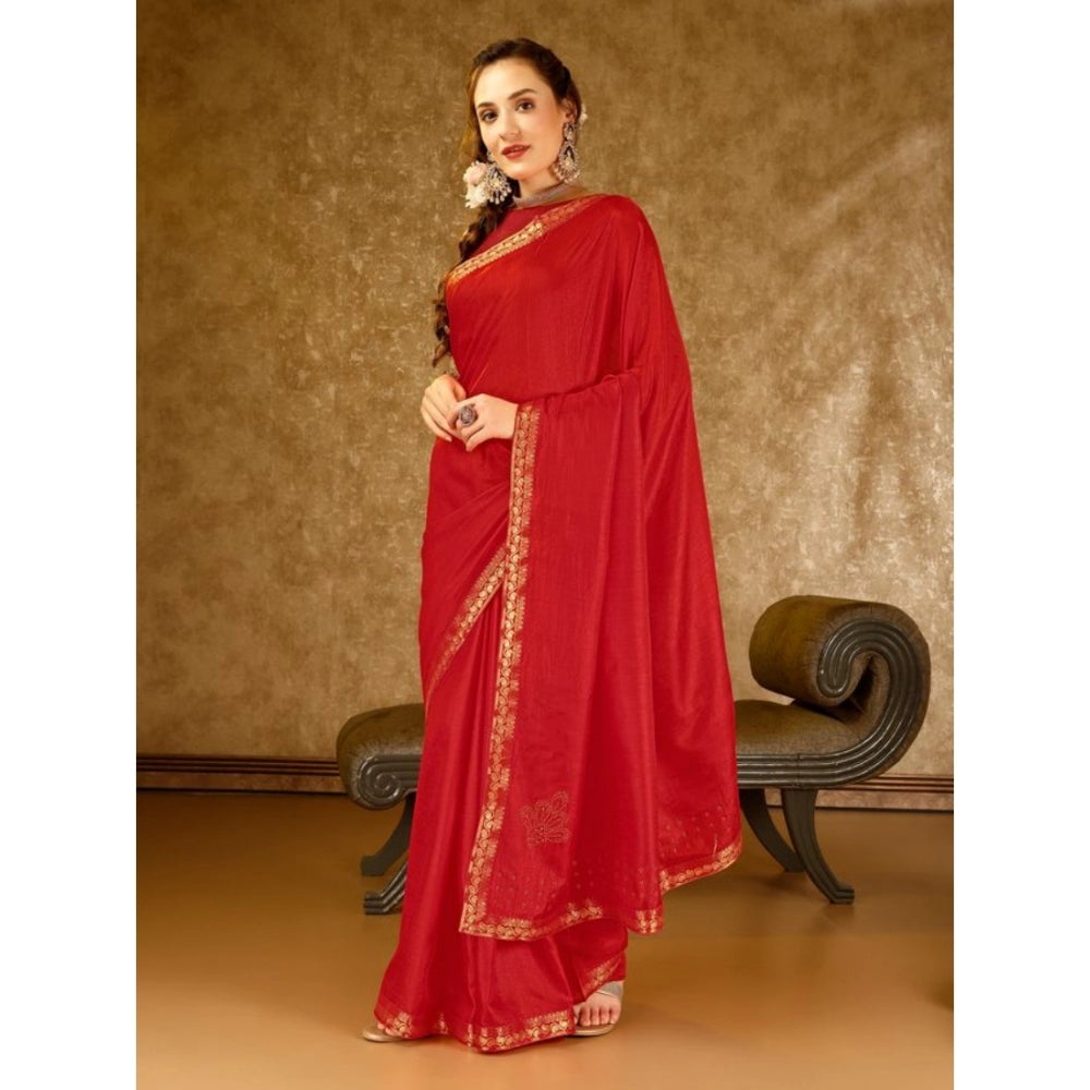 Women's Vichitra Printed Saree With Unstitched Blouse (Red, 5-6 Mtrs)