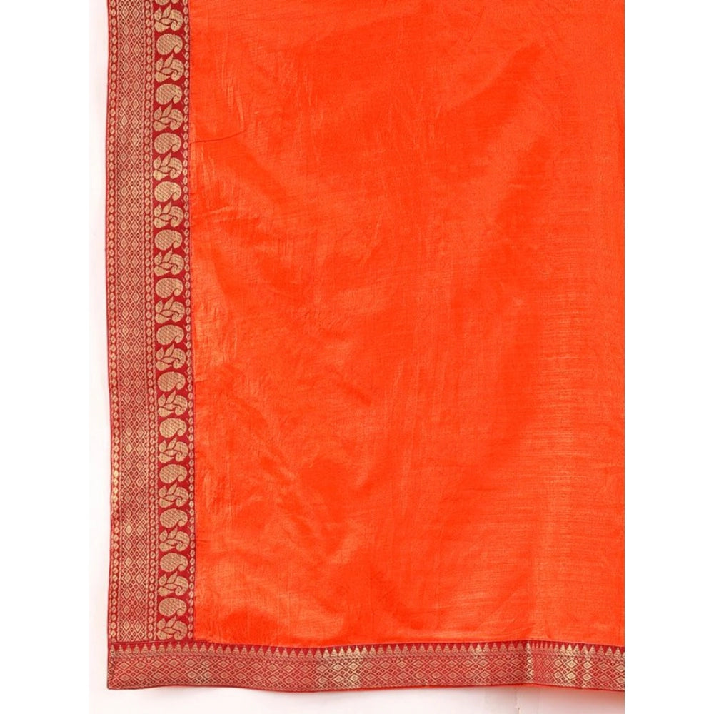 Women's Vichitra Plain Saree With Unstitched Blouse (Orange, 5-6 Mtrs)