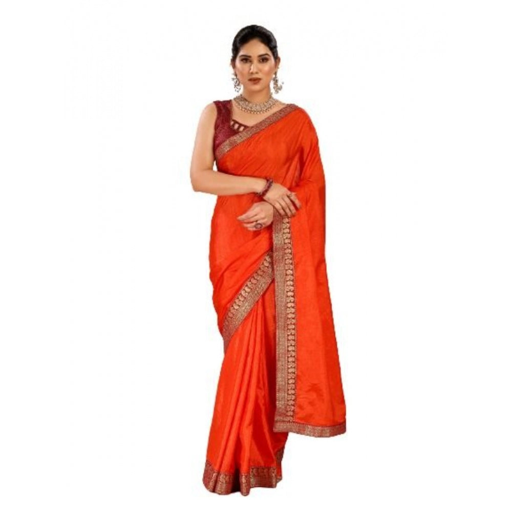 Women's Vichitra Plain Saree With Unstitched Blouse (Orange, 5-6 Mtrs)