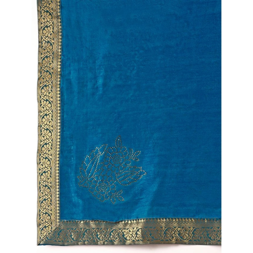 Women's Vichitra Swiroshki Butta Saree With Unstitched Blouse (Blue, 5-6 Mtrs)