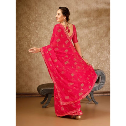 Women's Zomto Patta Chiffon Saree With Unstitched Blouse (Pink, 5-6 Mtrs)