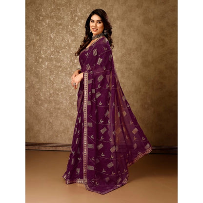 Women's Zomto Patta Chiffon Saree With Unstitched Blouse (Wine, 5-6 Mtrs)