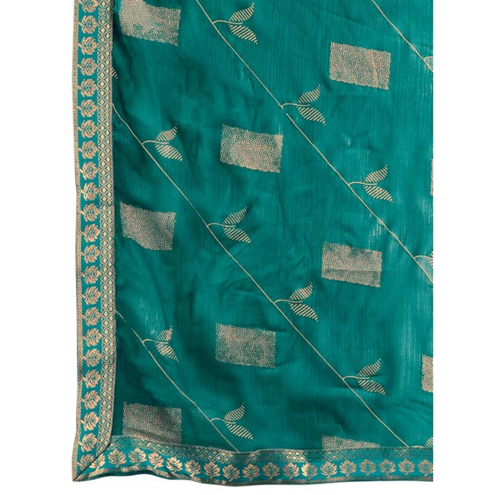 Women's Zomto Patta Chiffon Saree With Unstitched Blouse (Teal Blue, 5-6 Mtrs)