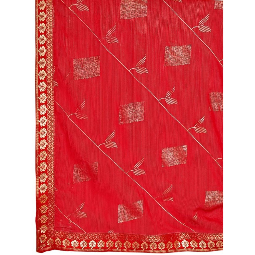 Women's Zomto Patta Chiffon Saree With Unstitched Blouse (Red, 5-6 Mtrs)