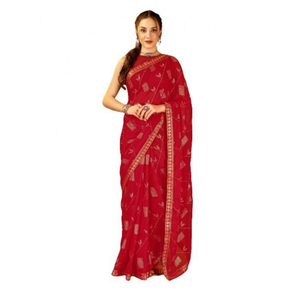 Women's Zomto Patta Chiffon Saree With Unstitched Blouse (Red, 5-6 Mtrs)