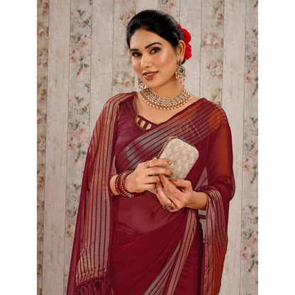 Women's Chiffon Fabric Plain Saree With Unstitched Blouse (Maroon, 5-6 Mtrs)