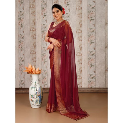 Women's Chiffon Fabric Plain Saree With Unstitched Blouse (Maroon, 5-6 Mtrs)