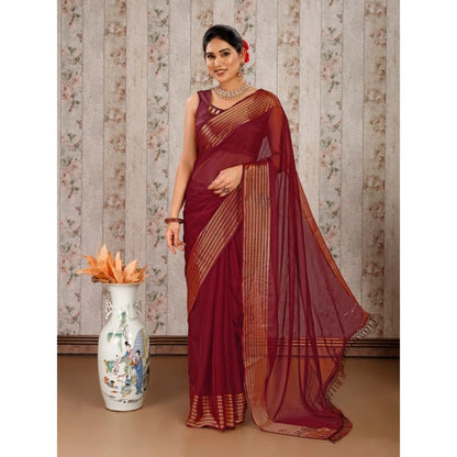 Women's Chiffon Fabric Plain Saree With Unstitched Blouse (Maroon, 5-6 Mtrs)