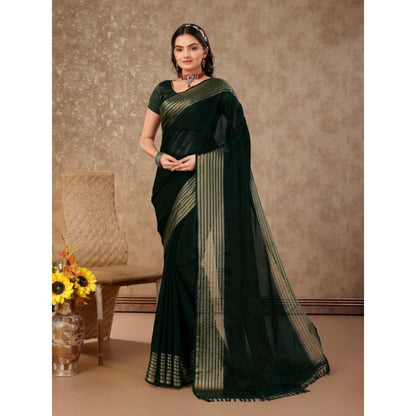 Women's Chiffon Fabric Plain Saree With Unstitched Blouse (Green, 5-6 Mtrs)