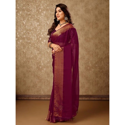 Women's Chiffon Fabric Plain Saree With Unstitched Blouse (Wine, 5-6 Mtrs)