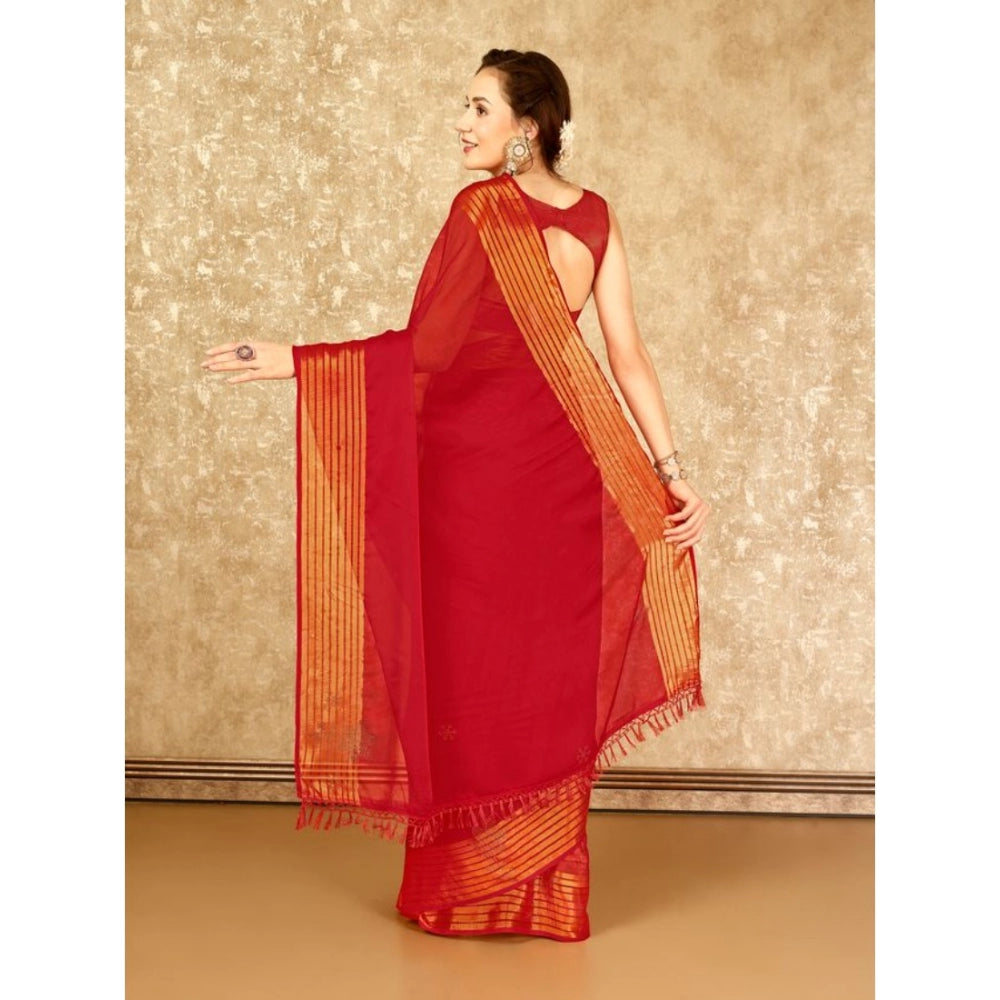 Women's Chiffon Fabric Plain Saree With Unstitched Blouse (Red, 5-6 Mtrs)