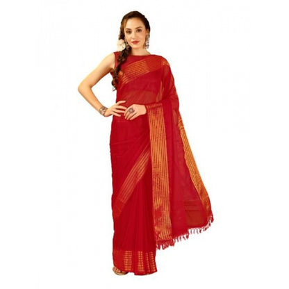 Women's Chiffon Fabric Plain Saree With Unstitched Blouse (Red, 5-6 Mtrs)