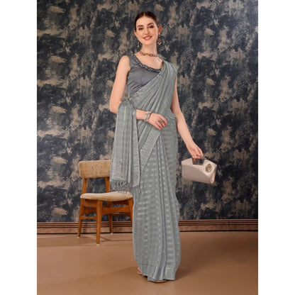 Women's Chiffon Fabric Line Saree With Unstitched Blouse (Grey, 5-6 Mtrs)